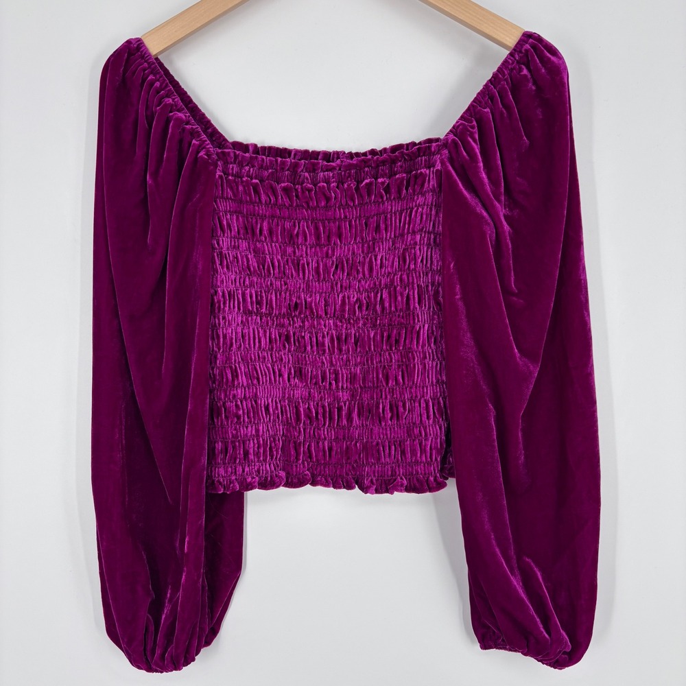 Anthropologie Magenta Pink Rose Smocked Velvet Puff Sleeve Peasant Blouse Sz XS